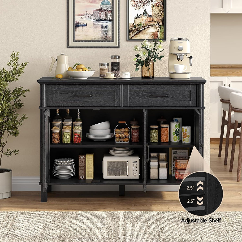 48 Inch Sideboard Buffet Cabinet with Storage, Farmhouse Coffee Bar Cabinet with 2 Drawers, Adjustable Shelves, Wood Sideboard Credenza for Kitchen, Living Room, Entryway, Black