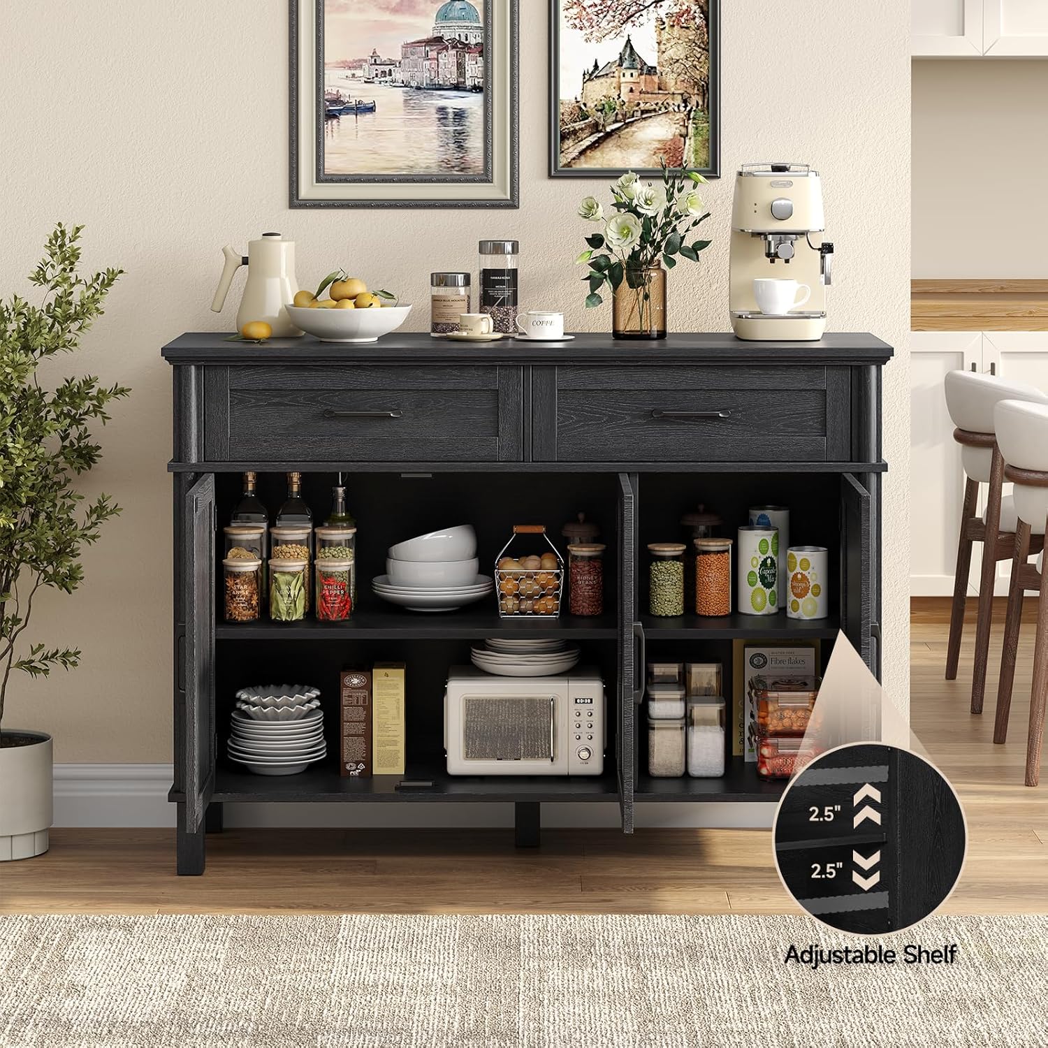 48 Inch Sideboard Buffet Cabinet with Storage, Farmhouse Coffee Bar Cabinet with 2 Drawers, Adjustable Shelves, Wood Sideboard Credenza for Kitchen, Living Room, Entryway, Black
