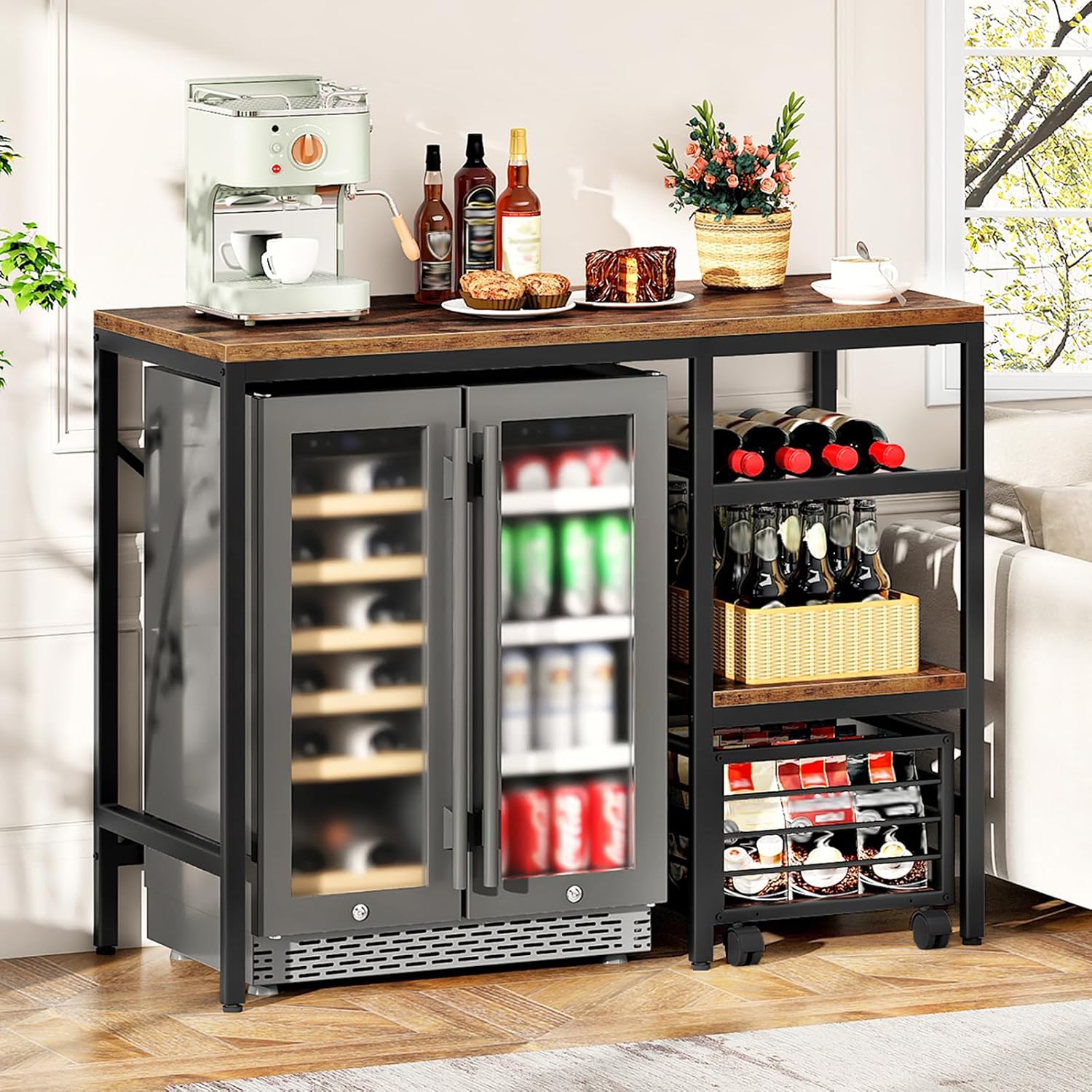 HOOBRO Mini Fridge Stand, Coffee Bar Station with Mini Fridge Space, Bakers Rack with Wine Rack, Mini Fridge Cabinet with Mobile Basket, for Kitchen, Living Room, Rustic Brown and Black BF04BX01