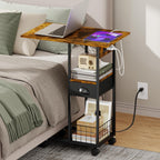 Rolling C-Shaped Side Table with Charging Station, Night Stand with Type-C & USB Port and Outlet for Bedroom, Spacious Coffee Table with Wheels for Living Room, Home Office, Small Space(Large Desktop)
