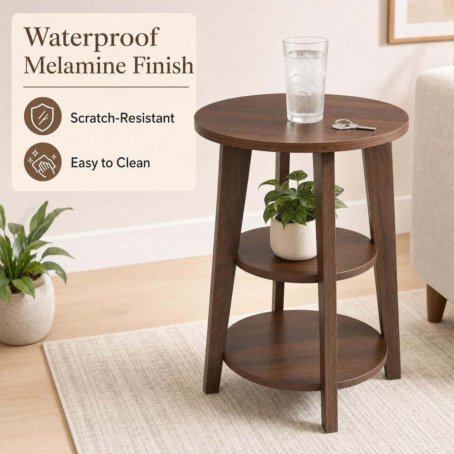 3-Tier Round Side Table,23.6" Tall End Table with Storage Shelves-Modern Nightstand,Wood Plant Stand for Living Room Bedroom Small Spaces Corner Display Rack Balcony Garden Patio(Walnut)
