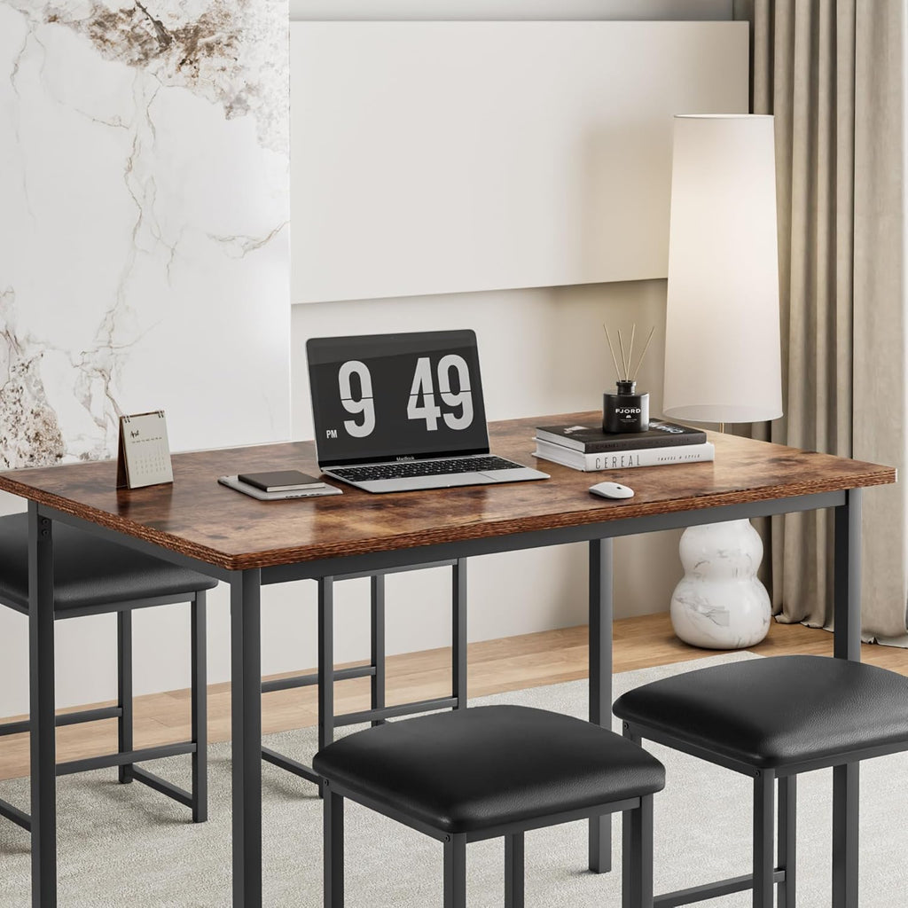 VECELO Kitchen Table and Chairs for 4, Dining Room Set with PU Chairs/Stools, Heavy-Duty Metal Frame, Wooden Tabletop, Space-Saving Design for Small Spaces, Easy Assembly, Walnut Brown