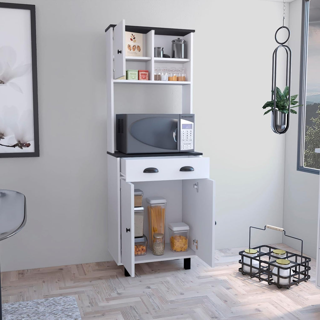 90" H Freestanding Kitchen Pantry with Drawer & 2 Open Shelves, Top Single Door & Lower Double Door, Black Legs, Rectangular Storage Cabinet, for Living Room, Dining Room, White