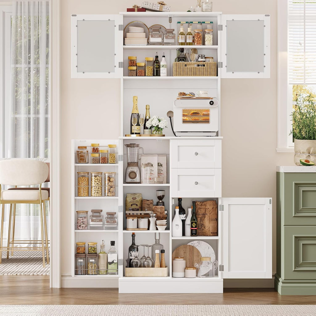 BOTLOG 72" Tall Kitchen Pantry Storage Cabinet, Kitchen Hutch Cabinet with Doors and Shelves, Modern Food Pantry with 2 Drawers for Dining Room, Living Room, White