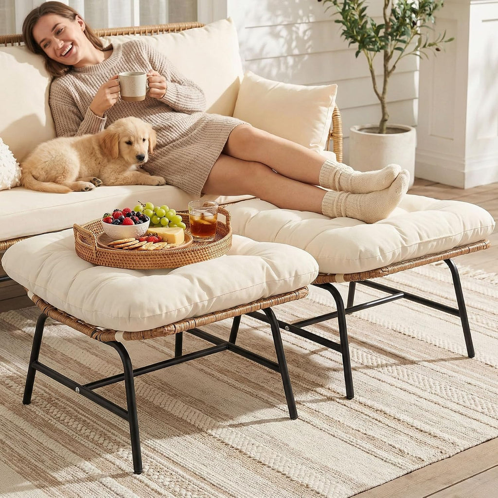 RADIATA Ottoman Set of 2 for Patio, Cushioned Wicker Footstool Ottomans, Rattan Foot Rest for Outdoor Chair Egg Chair, 2-in-1 Foot Stool for Living Room Bedroom Porch Deck Garden Balcony, Beige
