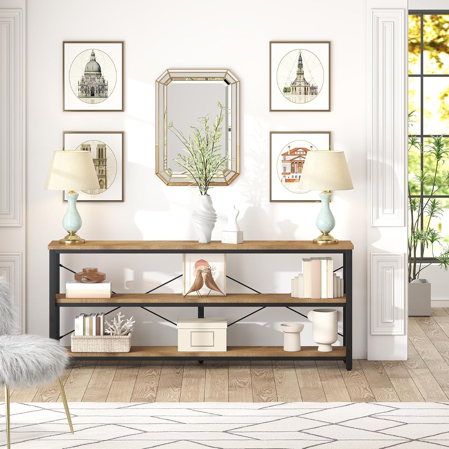 Tribesigns 71" Sofa Tables,Extra Long Couch Table, Narrow Long Console Table, Entryway Table,Sofa Table with 3 Tiers Storage Shelves (Light Brown)