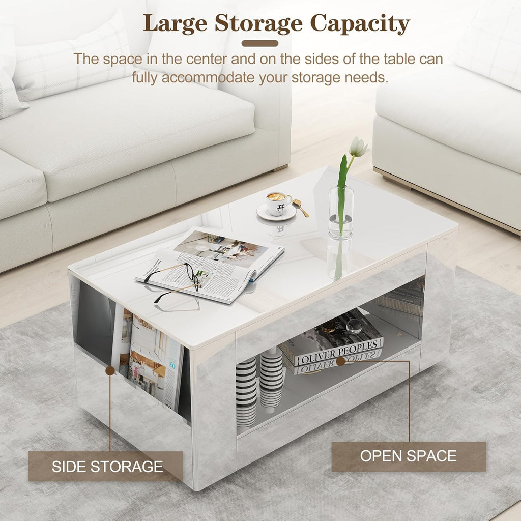 Coffee Table with Storage, 39" High Gloss Small Center Table with Transparent Legs and Sides Storage, Modern 2-Tier Coffee Tables for Living Room, Home Office, Apartment, White