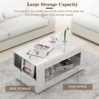 Coffee Table with Storage, 39" High Gloss Small Center Table with Transparent Legs and Sides Storage, Modern 2-Tier Coffee Tables for Living Room, Home Office, Apartment, White