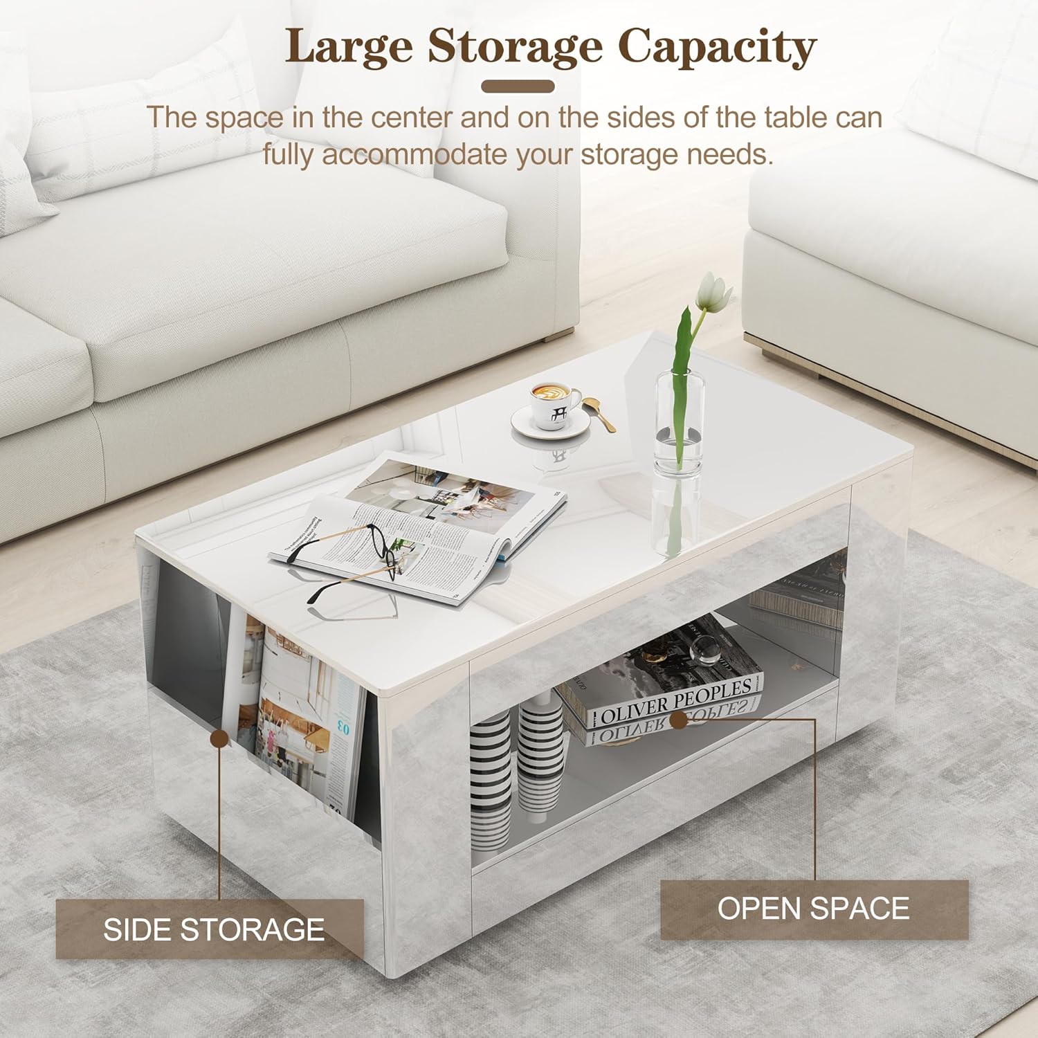Coffee Table with Storage, 39" High Gloss Small Center Table with Transparent Legs and Sides Storage, Modern 2-Tier Coffee Tables for Living Room, Home Office, Apartment, White