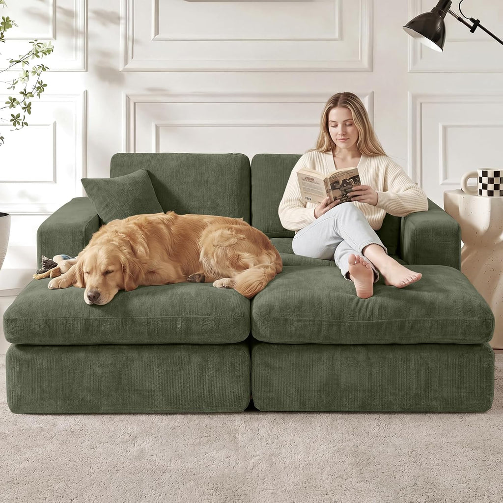 80.7" Oversized Double Chaise Lounge Chair Indoor, Cloud Boneless Sleeper Sofa Bed with 4 Pillows, Extra Deep Seat Cozy Loveseat Couch for Living Room Bedroom, No Assembly Required (Green)