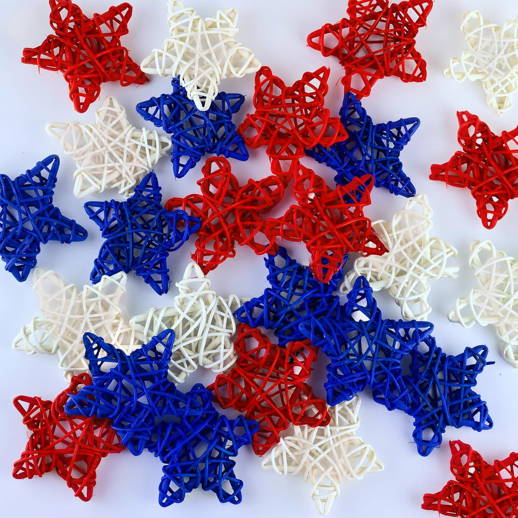 MEMOVAN 4th of July Patriotic Star Rattan Decoration 18Pcs Red Blue White Stars Patriotic Wicker Ornament Patriotic Star Vase Fillers for 4th of July Independence Day Craft DIY Bowl Filler Table Decor