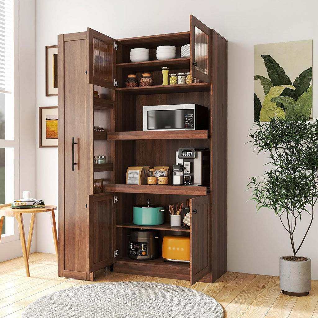 Farmhouse Kitchen Pantry Cabinet with Pull-Out Shelves, 4-Door Storage Organizer for Kitchen & Dining Room