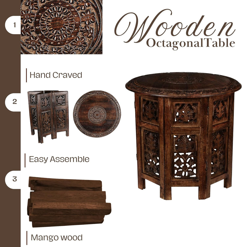 Round Wood Coffee Table - 18” Carved Small Accent Side Table with Burnt Finish, Wooden Altar Table, 18” Round Top x 18” Height, Perfect End Table for Living Room Decor