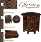 Round Wood Coffee Table - 18” Carved Small Accent Side Table with Burnt Finish, Wooden Altar Table, 18” Round Top x 18” Height, Perfect End Table for Living Room Decor