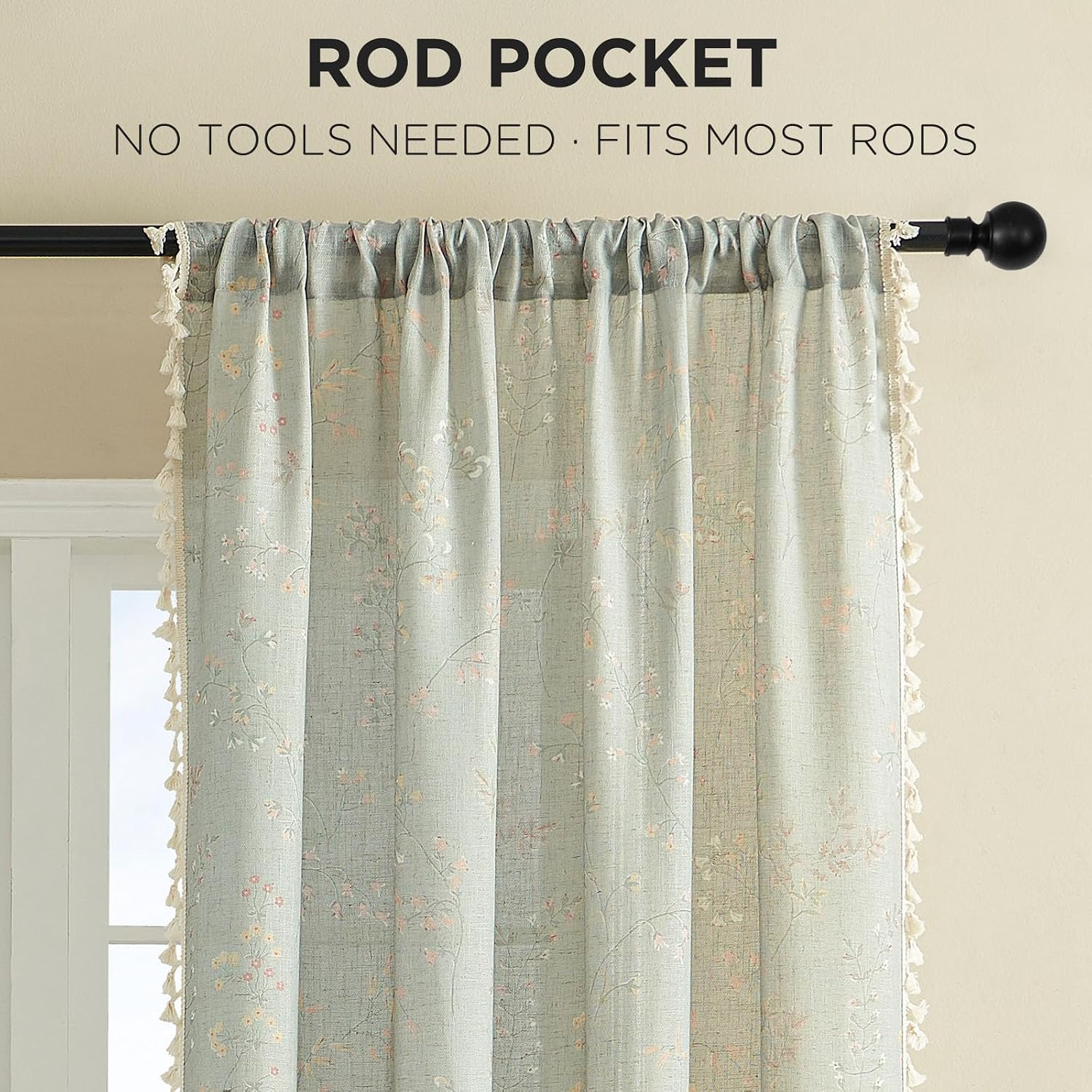Joydeco Blue Floral Boho Curtains 96 Inches Long 2 Panels, Super Soft Bohemian Farmhouse Curtains with Tassels, Semi Sheer Light Filtering Drapes for Bedroom Living Room (Rod Pocket, 52Wx96L)
