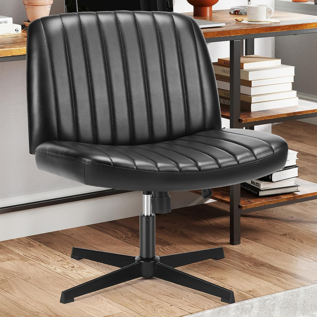 Sweetcrispy Criss Cross Chair Legged, PU Leather Armless Office Swivel Desk Chairs No Wheels, Vanity Height Adjustable Wide Seat Faux Leather Computer Task Chair for Home Bedroom, PU-Black