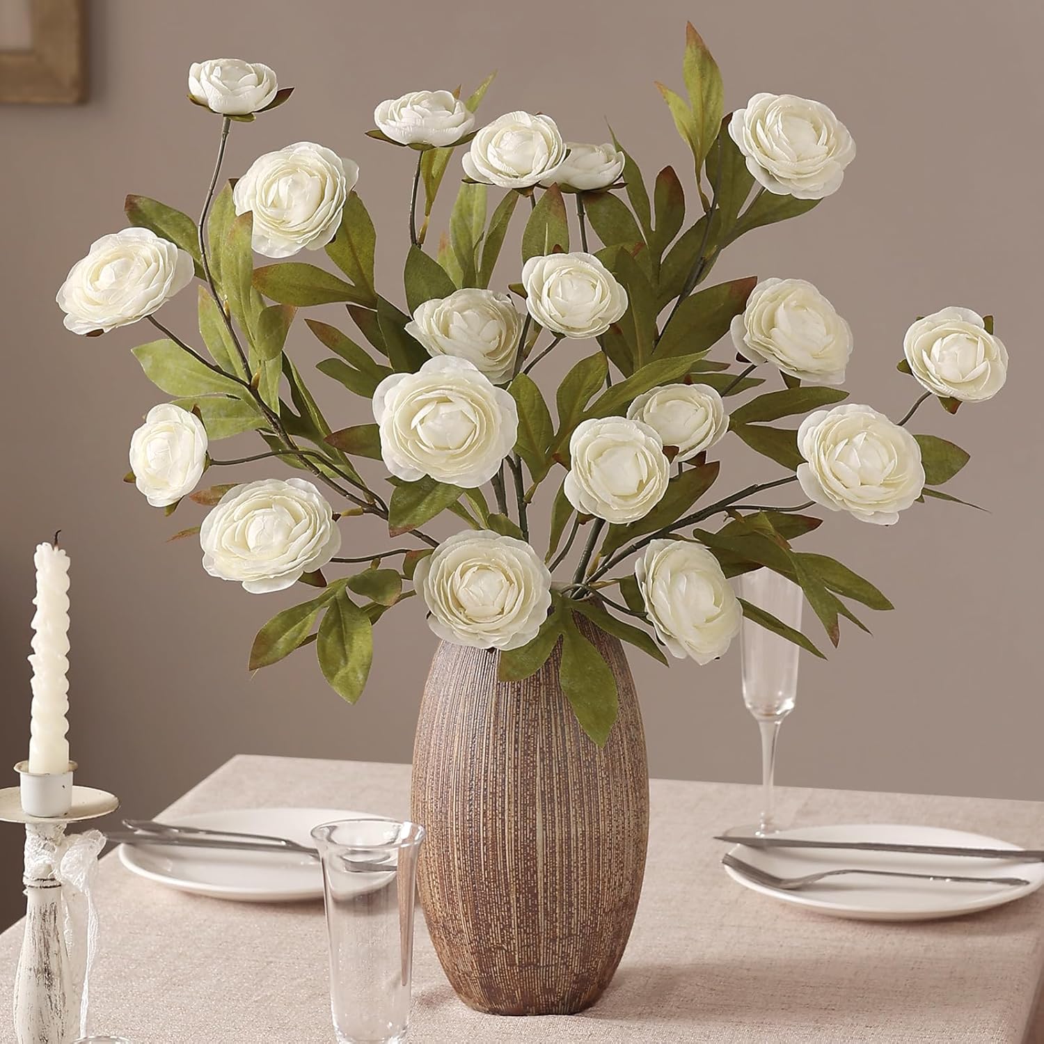 VIERENA 6 PCS Artificial Ranunculus Branches for Vase - 27" Fake Silk Persian Buttercup Stems Look Real Faux Flowers for DIY Bouquet, Table Centerpieces, Farmhouse, Home Decor (Cream)