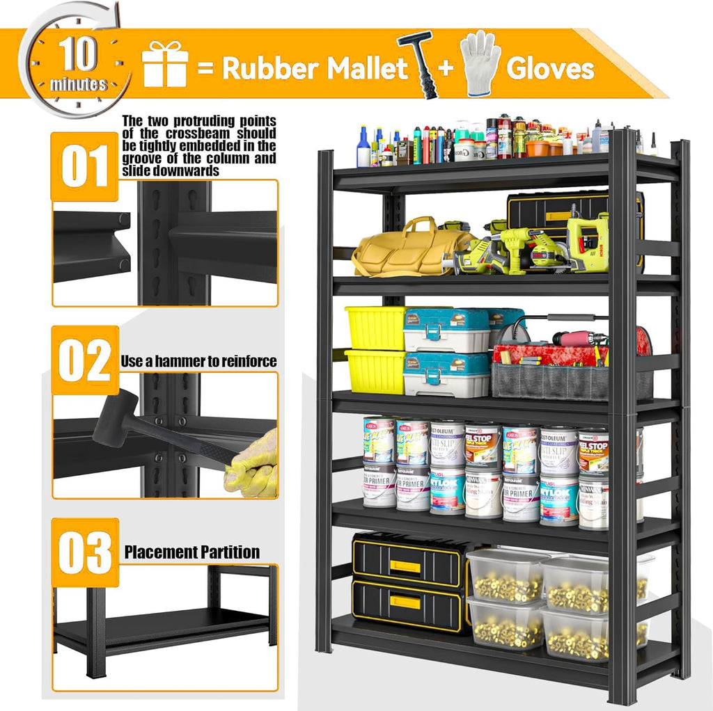 Garage Shelving Heavy Duty Metal Shelving 36" W x 16" D x 72" H 3000LBS Storage Shelves Adjustable Metal Shelves for Storage Industrial Garage Shelf for Warehouse Basement 5-Tier Black