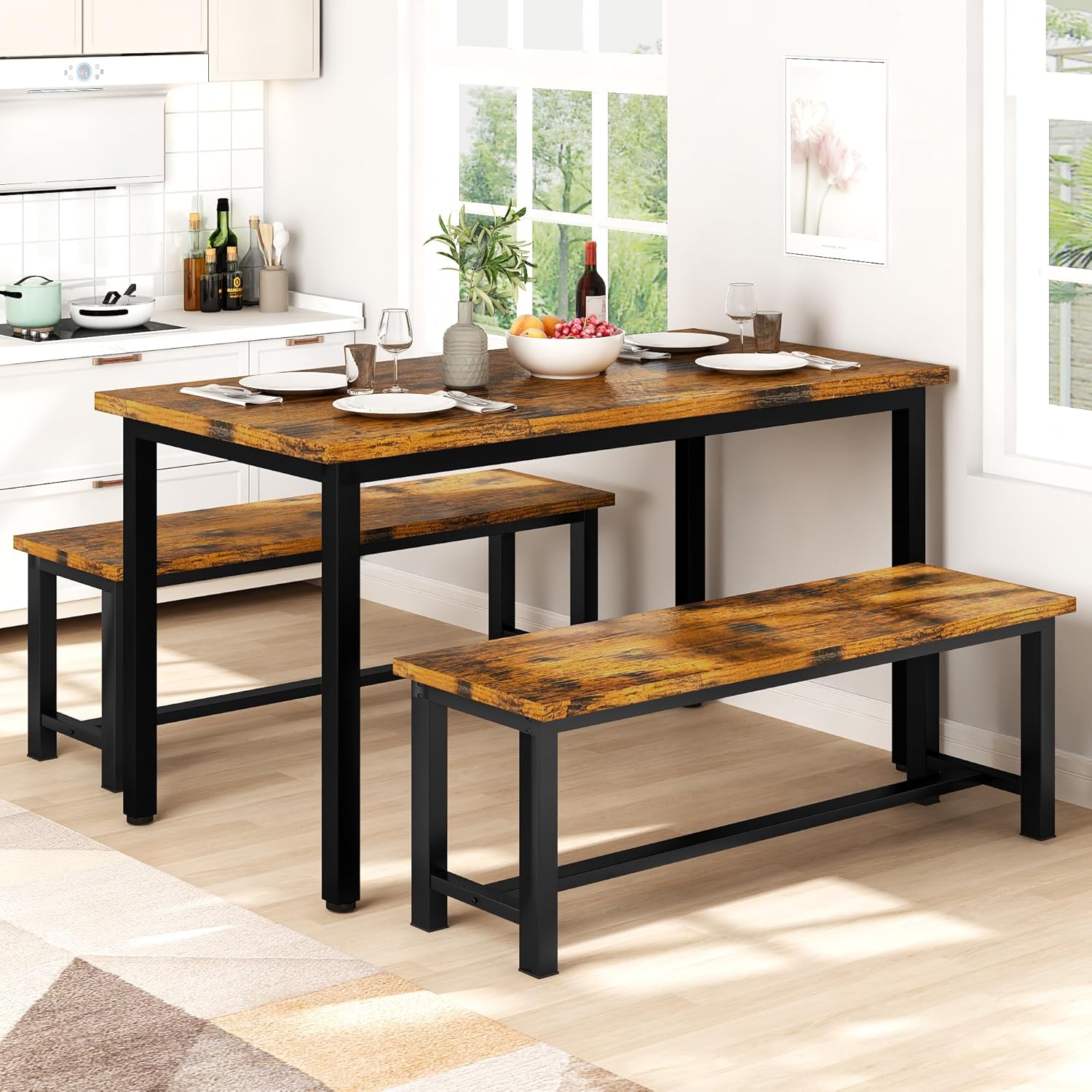 Recaceik Dining Benches - Pair of 2 Industrial Benches for Dining Room, Kitchen, Entryway, Bedroom - 39 Inch, Rustic Brown Metal Legs, Easy to Assemble