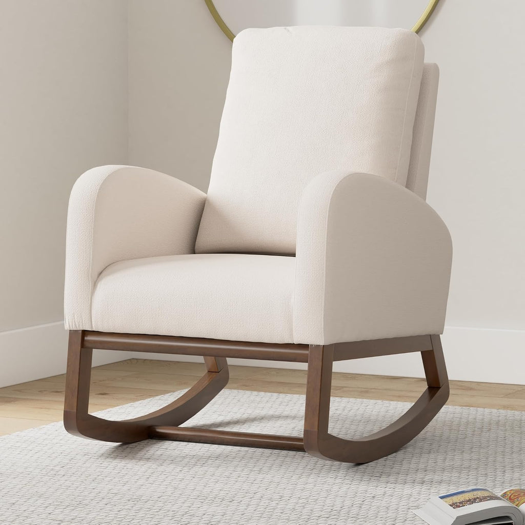 Nursery Rocking Chair,Upholstered Fabric Accent Armchair,Wooden Padded Seat with 2-Side Pocket,Nursing Chair with Rubber Wood Legs,Glider Chair for Nursery,Living Room,Home Office (Beige)