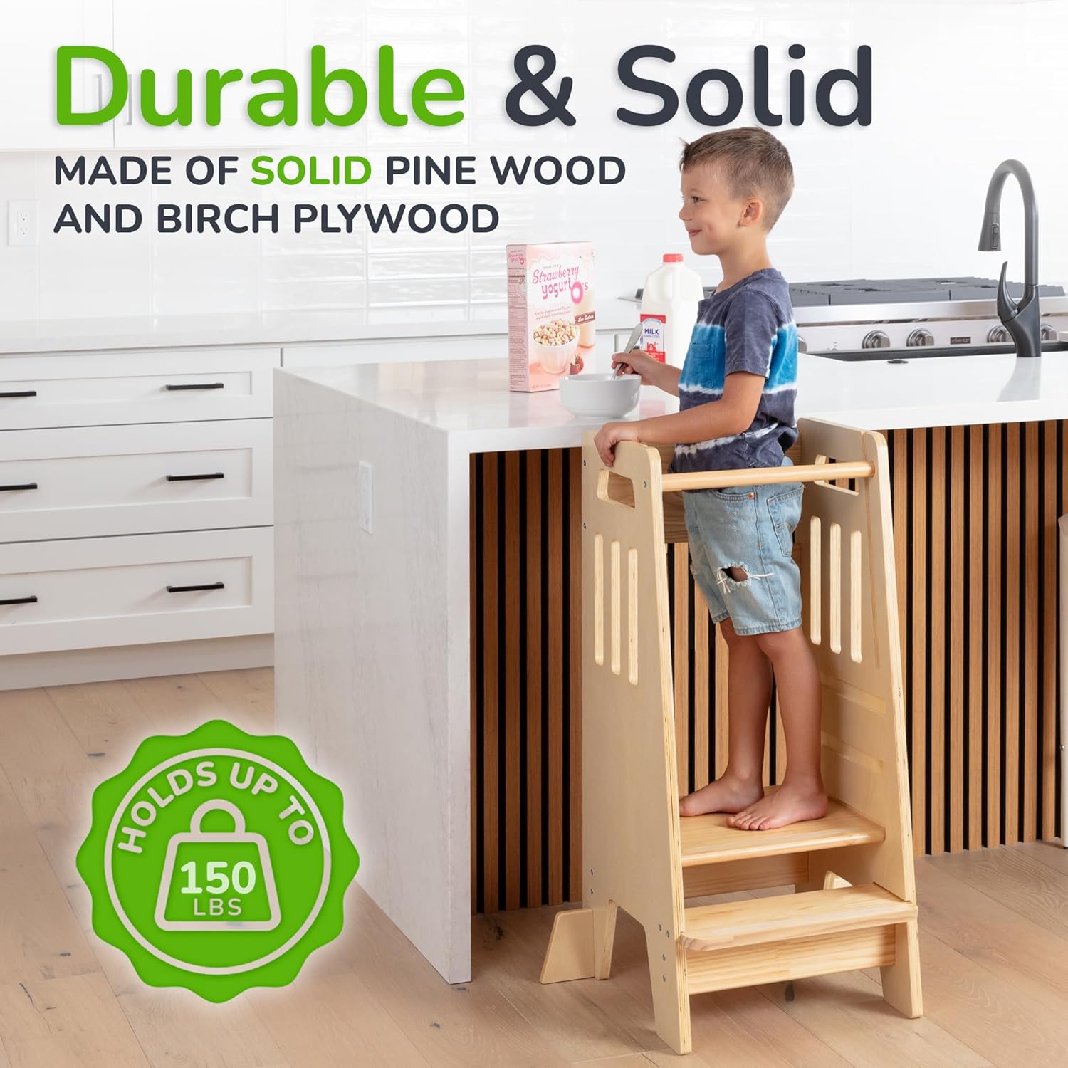 OCODILE Toddler Tower with a Sliding Door and 3 Adjustable Heights - Safe Toddler Kitchen Step Helper with Support Feet - Updated Design for 18+ Months to 6-Year-Old Kids - Varnished