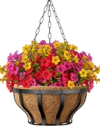 VOXOR Artificial Hanging Flowers with Hanging Baskets for Outdoors, 12 Inch Metal Hanging Planter with 12 Bundles UV Resistant Fake Flowers, Faux Hanging Plants for Porch Patio Garden Balcony Decor