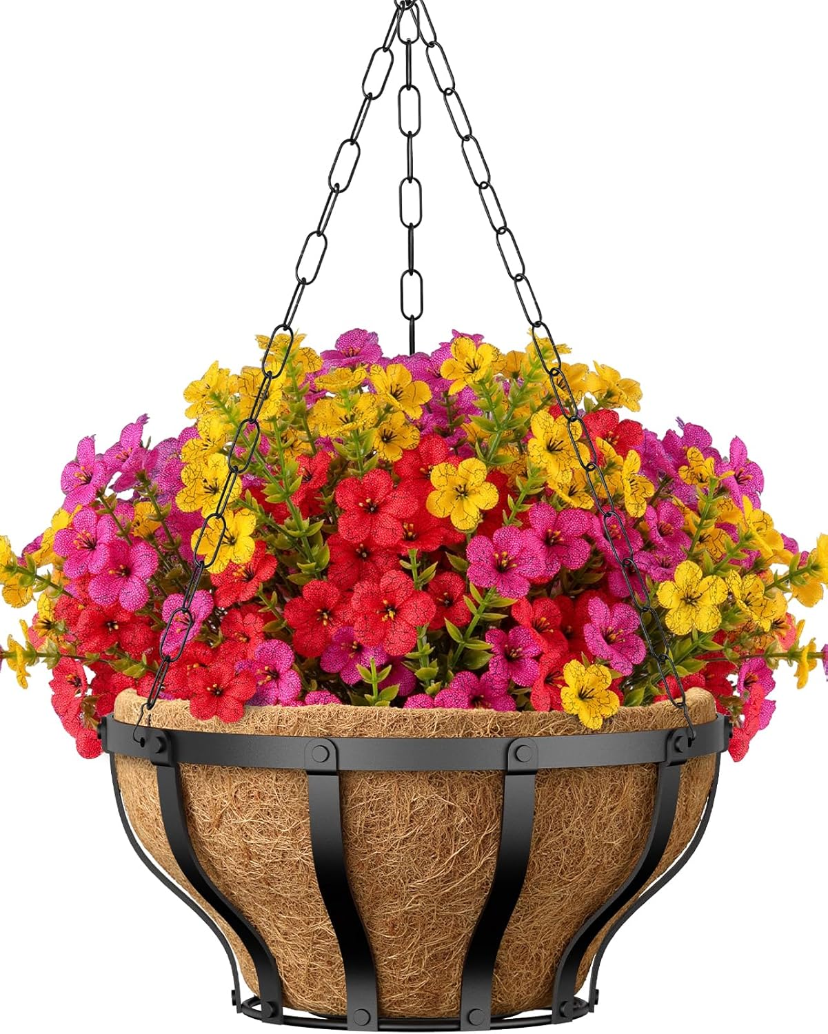 VOXOR Artificial Hanging Flowers with Hanging Baskets for Outdoors, 12 Inch Metal Hanging Planter with 12 Bundles UV Resistant Fake Flowers, Faux Hanging Plants for Porch Patio Garden Balcony Decor