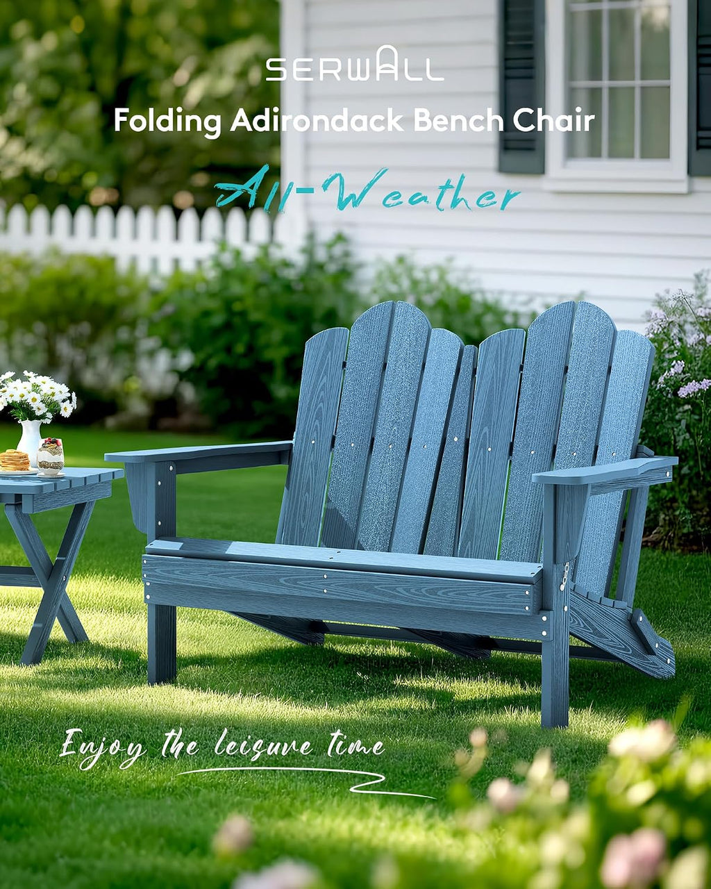 SERWALL Outdoor Folding Adirondack Bench, HDPE All-Weather Adirondack Loveseat, 660 lbs Capacity, Foldable Outdoor Patio Bench for Deck, Lawn, Garden, Navy