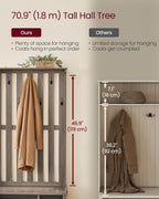 VASAGLE Hall Tree with Bench and Shoe Storage, Coat Rack with Shoe Bench, 7 Double Hooks for Jackets, Hats, Entryway, Bedroom, Living Room, 13.8 x 31.9 x 70.9 Inches, Heather Greige UHSR414G01