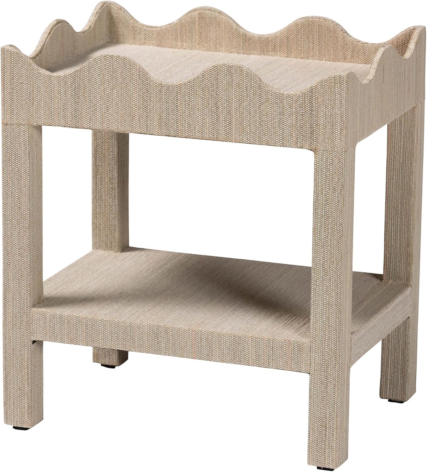 Bali & pari Sebastian Grasscloth Scalloped End Table - 2-Tier Accent Table with Open Shelf Storage for Living Room, Bedroom, or Entryway, Beige