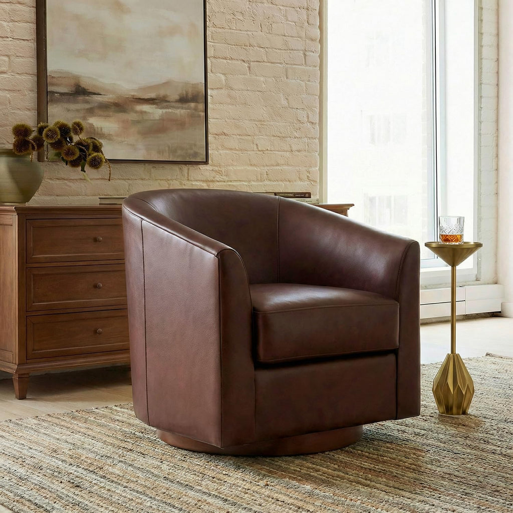 HULALA HOME Genuine Leather Swivel Barrel Chair with Solid Wood Base, Brown | Transitional Round Swivel Accent Chair with Flared Armrests, No Assembly Required, for Living Room Bedroom Reading Relaxation
