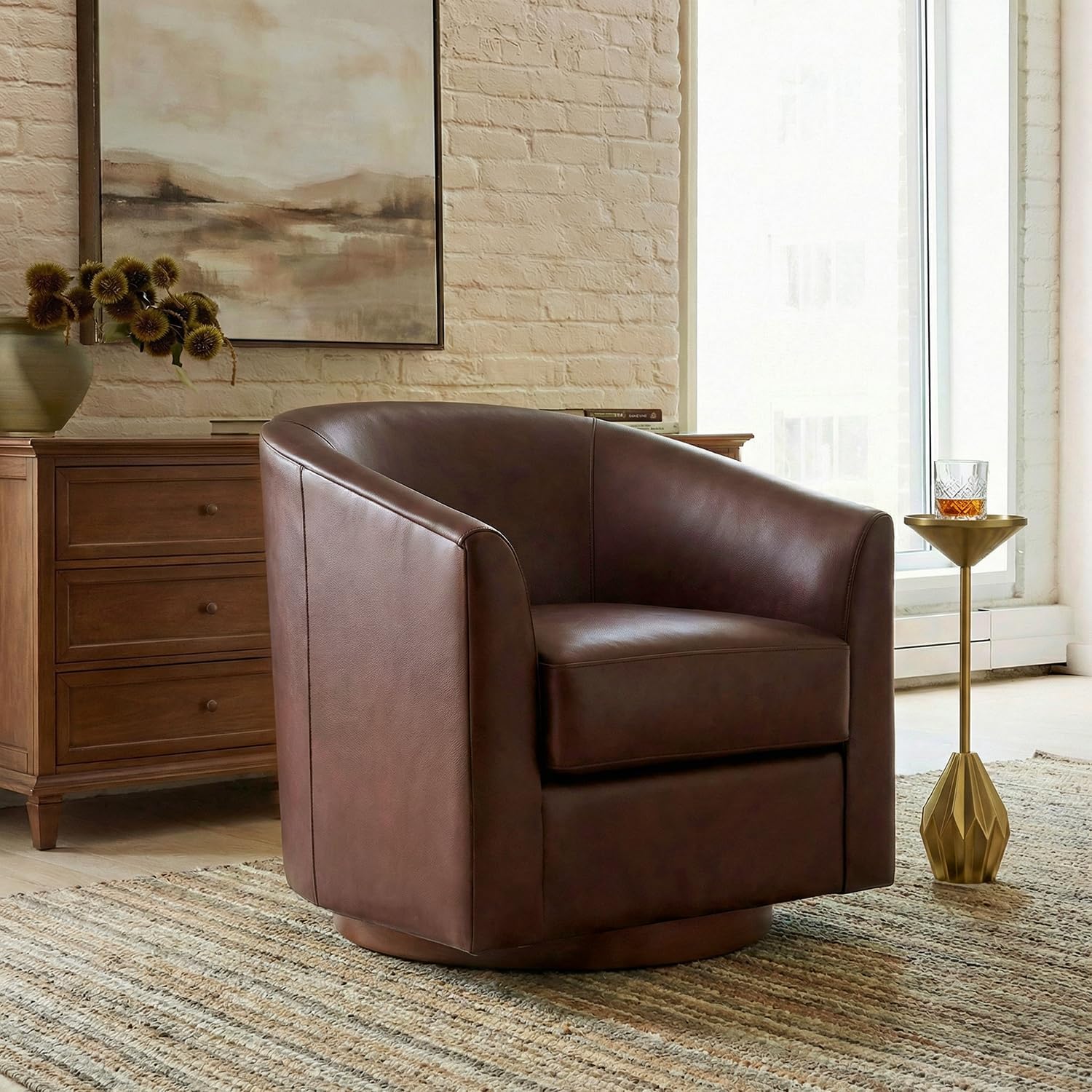 HULALA HOME Genuine Leather Swivel Barrel Chair with Solid Wood Base, Brown | Transitional Round Swivel Accent Chair with Flared Armrests, No Assembly Required, for Living Room Bedroom Reading Relaxation
