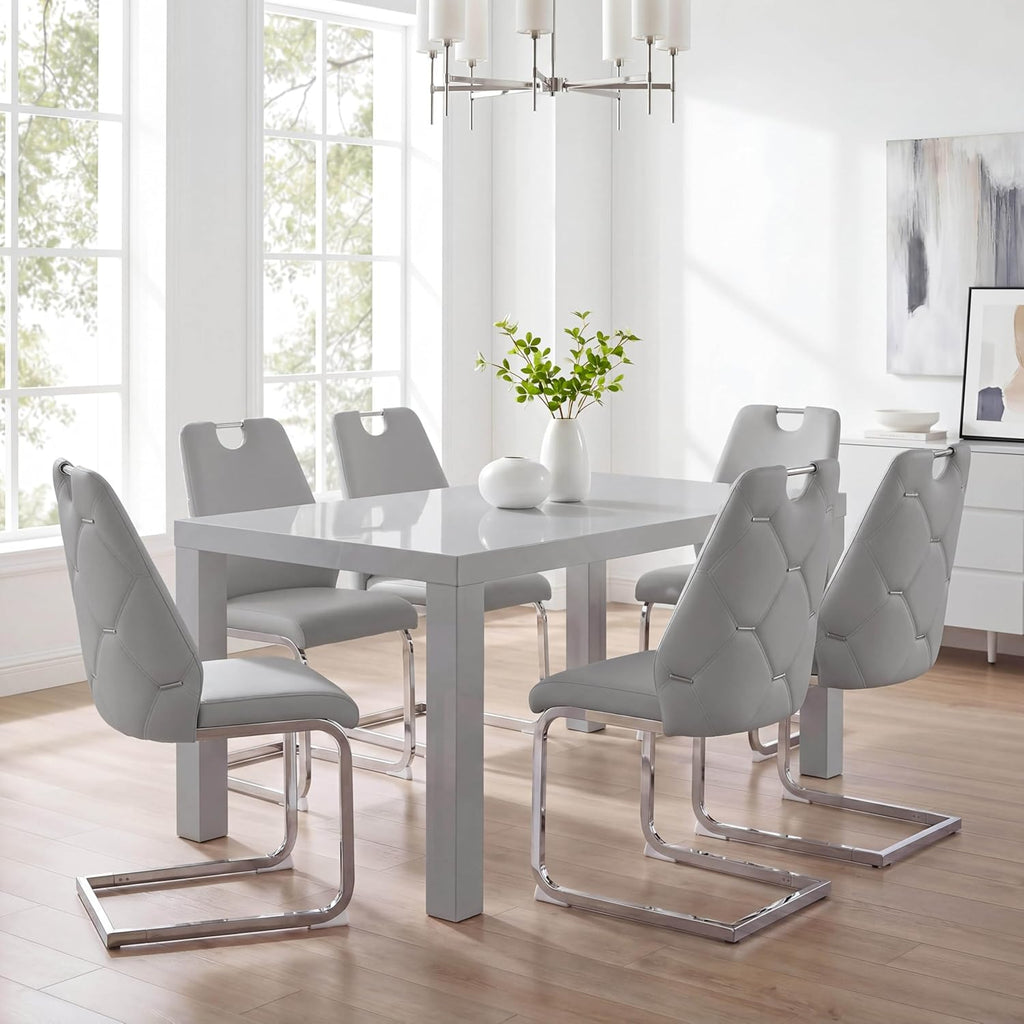 Gray Dining Chairs, Sillas para Comedor, Modern Dining Chairs Set of 6 with Leather,Geometric Tufted Back,Chrome Leg,Ergonomic Design,Easy to Clean,Ideal for Dining Room,Office,Living Room(Gray,6)