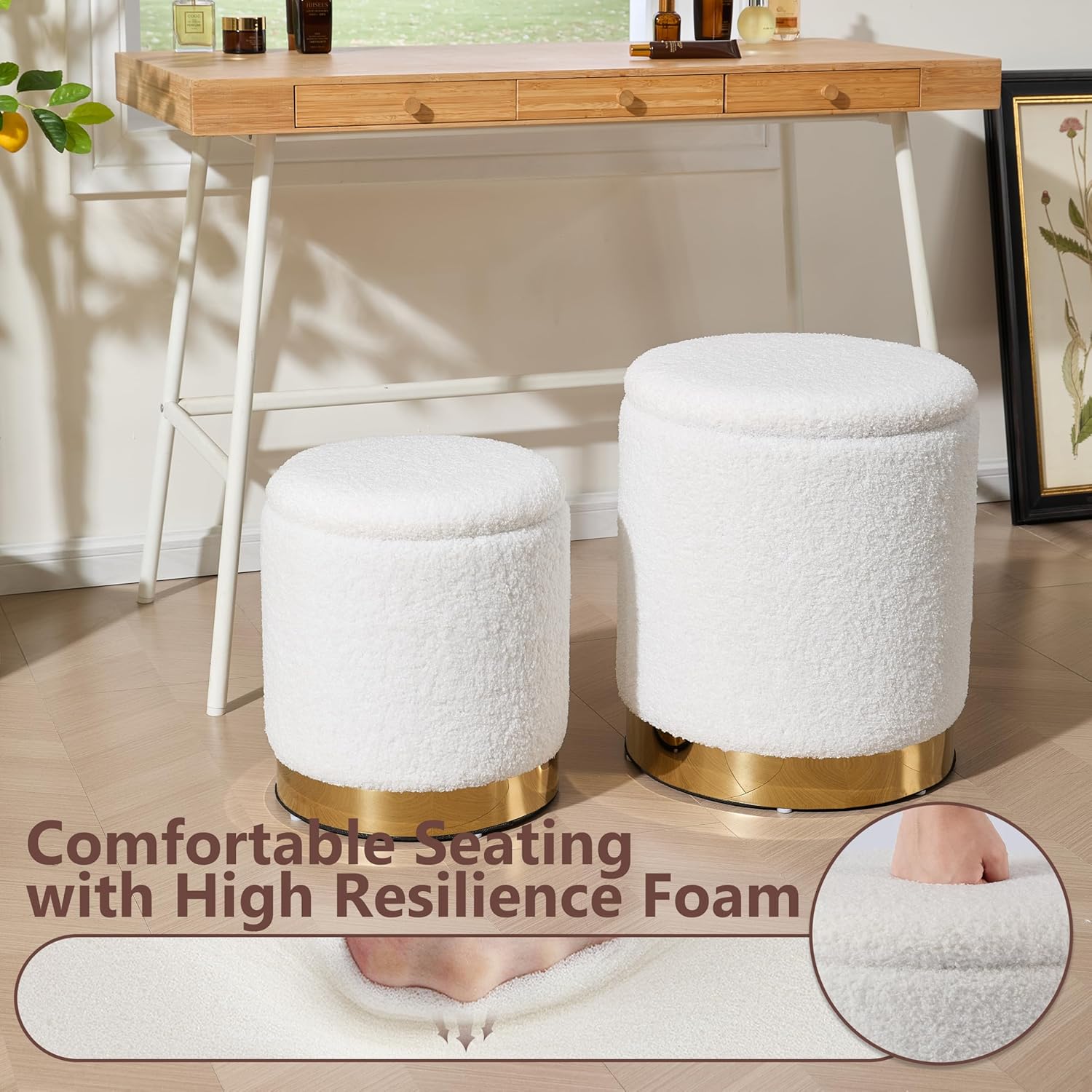 Royal Windsor Boucle Round Ottoman with Storage Set of 2, Vanity Stool with Storage for Bedroom, Ottoman Coffee Table Gold-Tone Ring Around The Base, Small Foot Stool for Living Room, White
