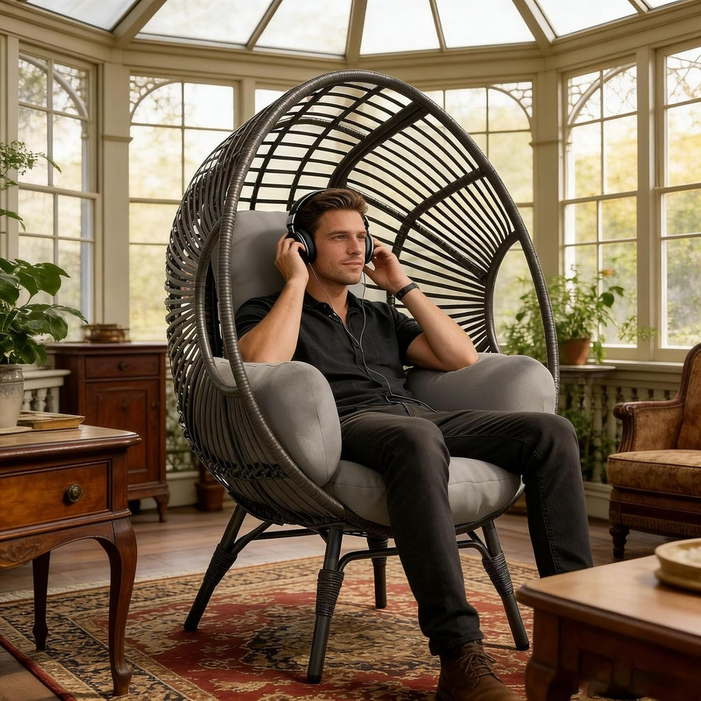 Egg Chair Wicker Balcony Chairs, 400lbs Capacity, Indoor Outdoor, 8-Inch Comfort Cushion(Black+Gray)