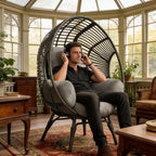 Egg Chair Wicker Balcony Chairs, 400lbs Capacity, Indoor Outdoor, 8-Inch Comfort Cushion(Black+Gray)