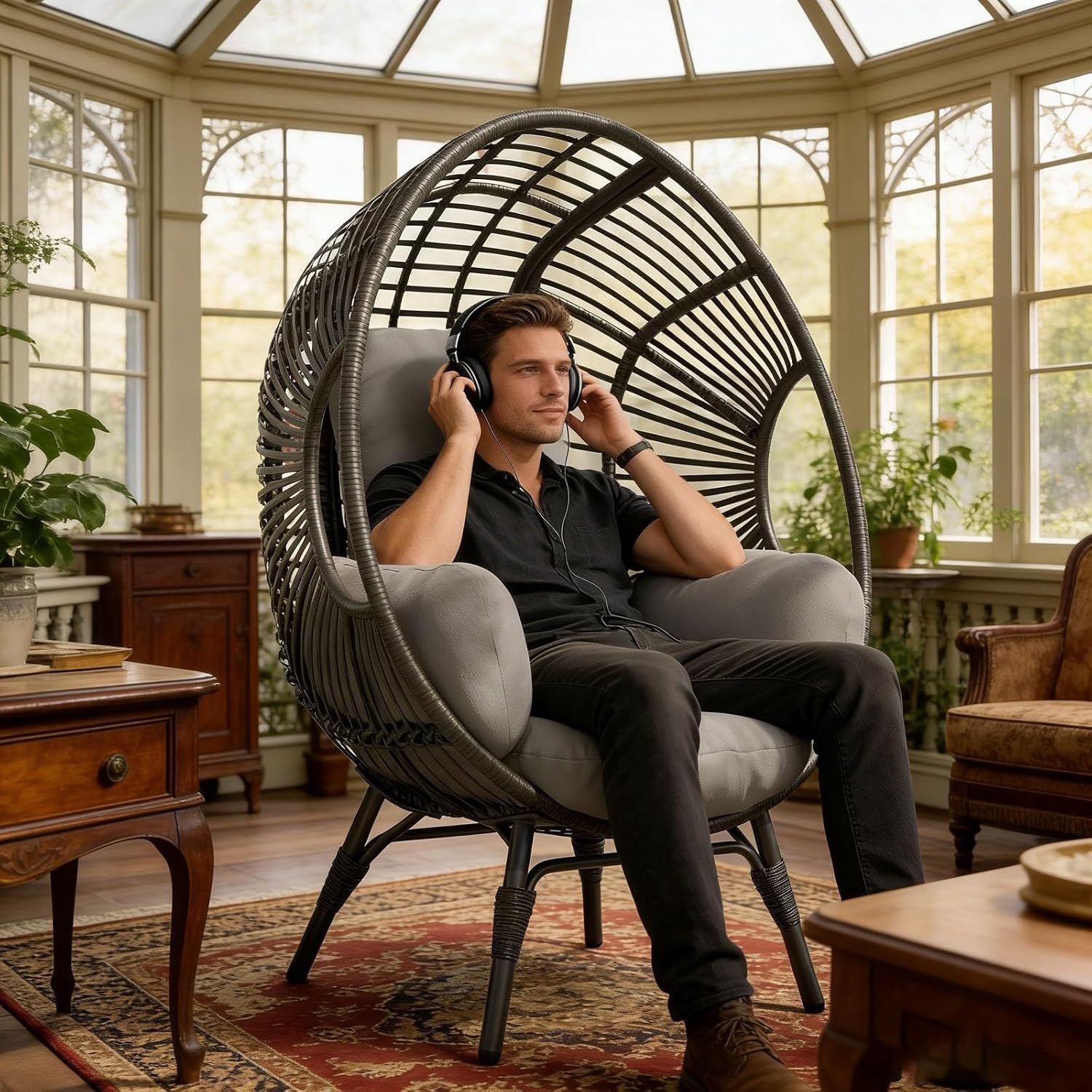 Egg Chair Wicker Balcony Chairs, 400lbs Capacity, Indoor Outdoor, 8-Inch Comfort Cushion(Black+Gray)
