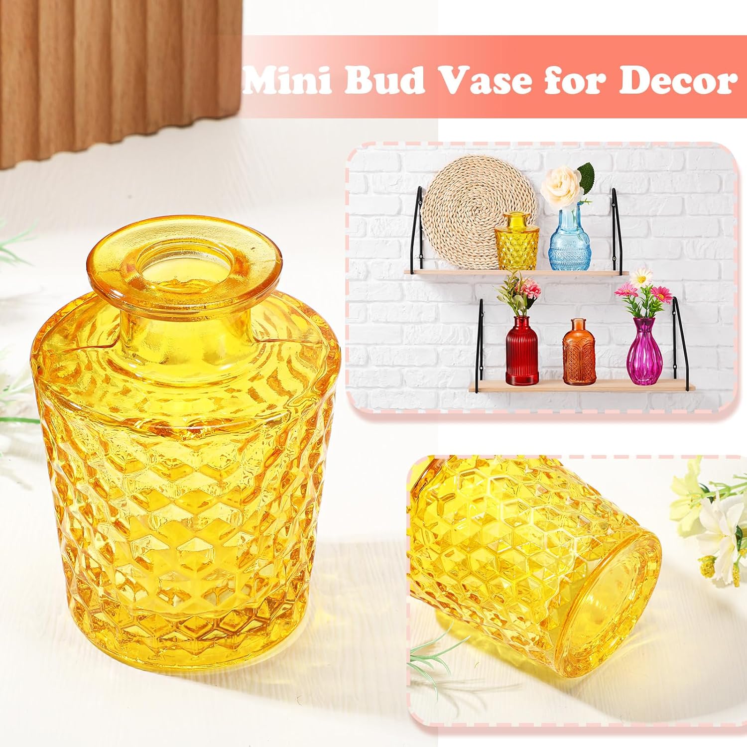 Dandat 24 Pieces Colored Small Vases Decorative Glass Bud Vases Rustic Embossed Colorful Bottles Vintage Glass Bottles for Flowers Home Wedding Decor Table Centerpieces Decorations, 12 Styles
