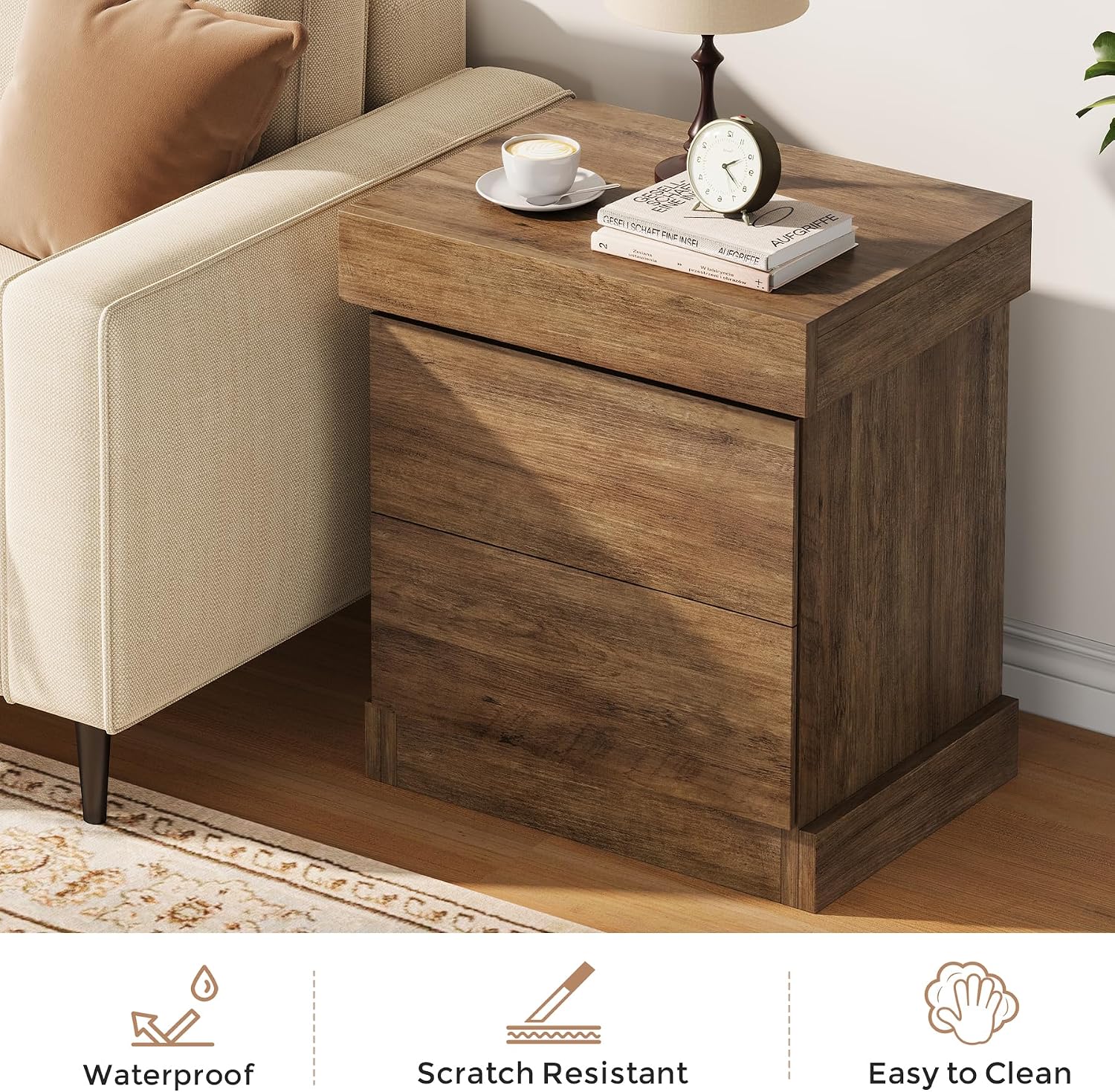 Nightstand with Gun Drawer, Farmhouse Bedside Table with Hidden Storage, Side End Table for Living Room, Bedroom, Little Spaces (Rustic Oak)