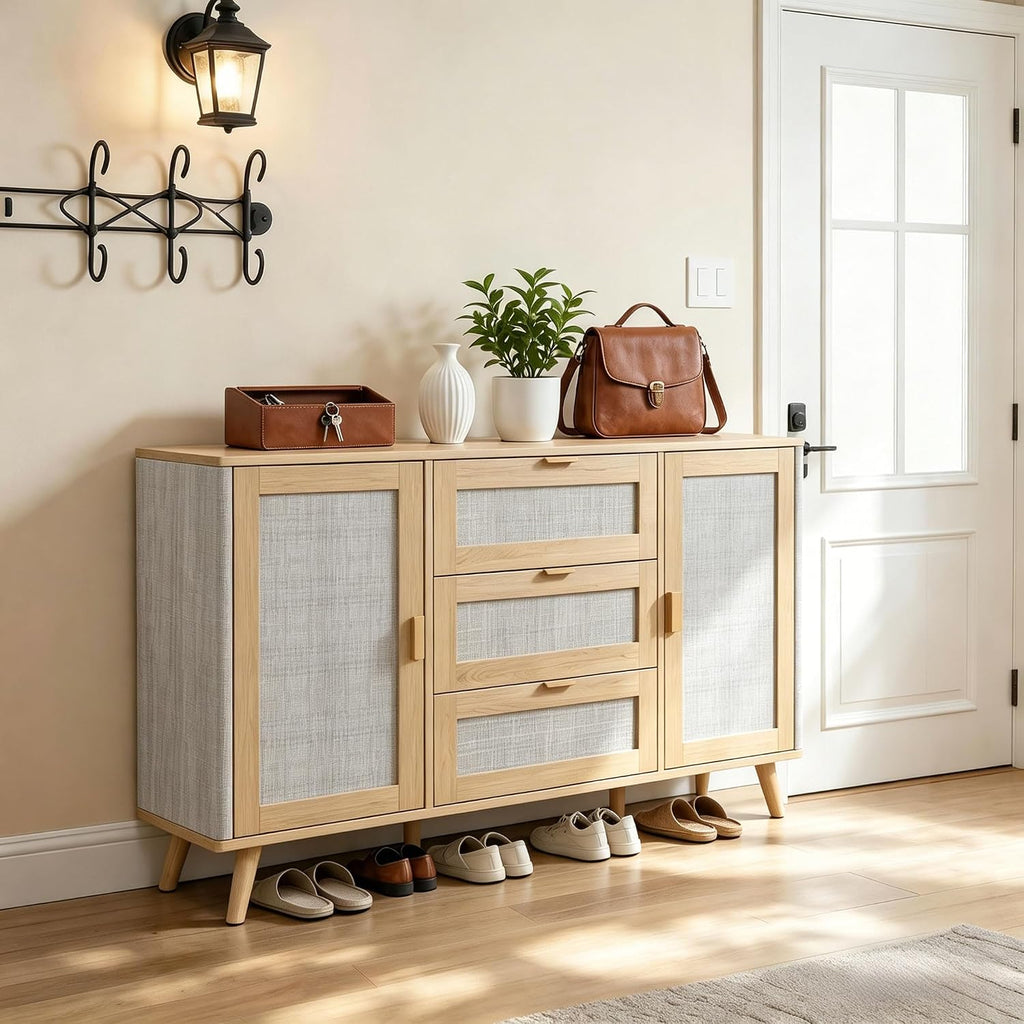 63" Large Farmhouse Storage Cabinet with 3 Drawers 2 Doors, Wood Buffet Sideboard Cabinet Coffee Bar for Kitchen, Living Room