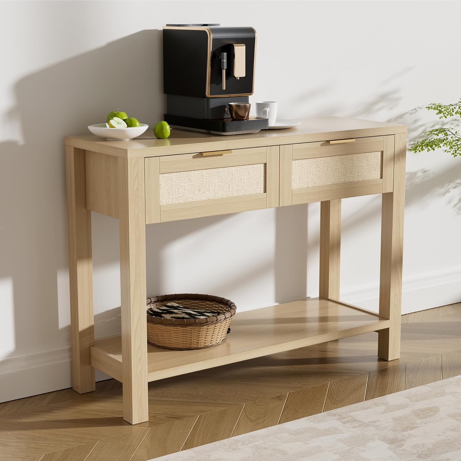 Boho Chic Console Table with 2 Rattan Drawers and Open Shelf Storage, Narrow Farmhouse Sofa Table for Small Space Entryway, Living Room,Hallway,Natural