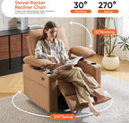 270° Swivel Rocker Recliner with Adjustable Armrests,Oversized Power Nursery Recliner with Heating and Massgae,Rocking Chair Nursery with One-Touch Reset,Double Cup Holder,Faux Leather,Brown
