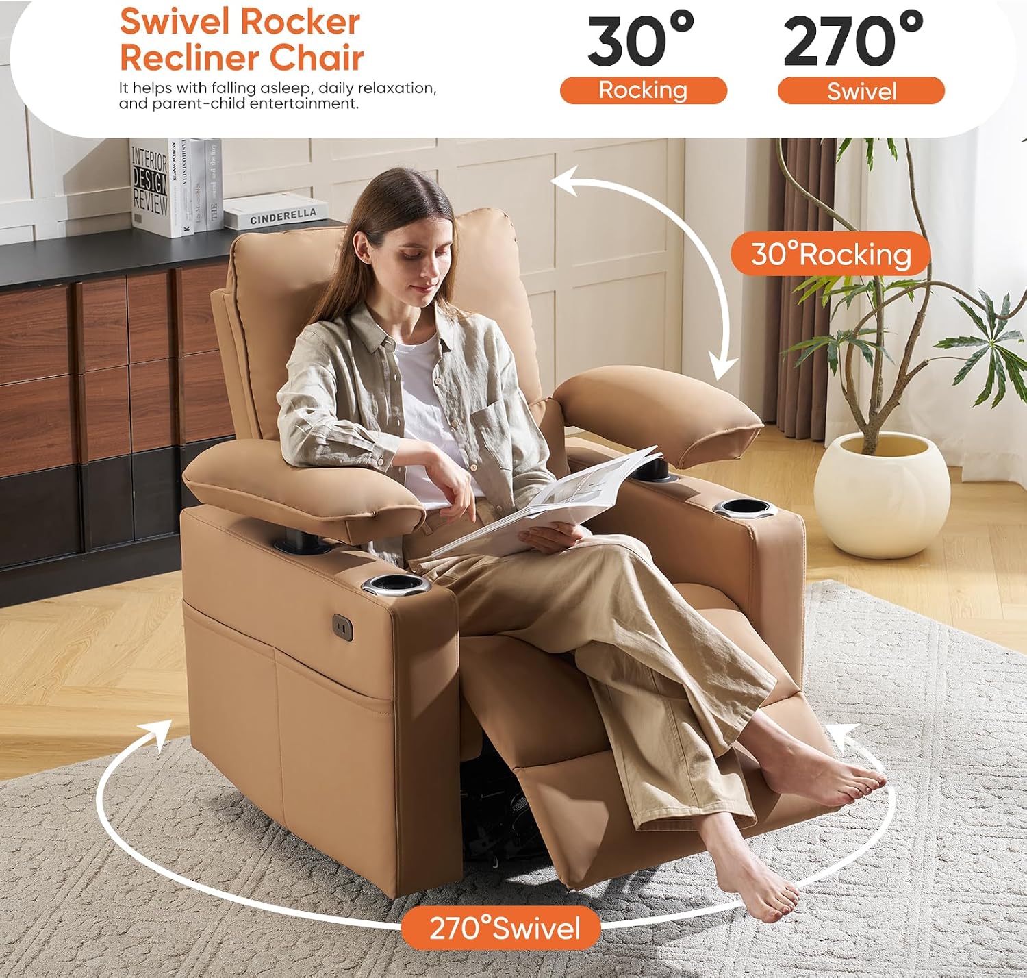 270° Swivel Rocker Recliner with Adjustable Armrests,Oversized Power Nursery Recliner with Heating and Massgae,Rocking Chair Nursery with One-Touch Reset,Double Cup Holder,Faux Leather,Brown