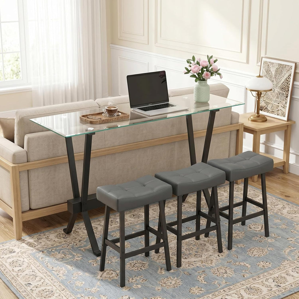 59" 4-Piece Bar Table Set, Behind Couch Sofa Table Set with Tempered Glass Top and 3 PU Stools, Counter Height Table Set for Living Room, Dining Room(Clear Glass/Gray)