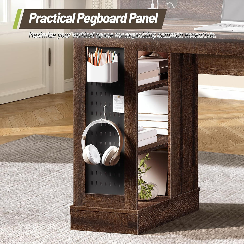 55inch Farmhouse Executive Desk with 2 Drawers and File Cabinet, Computer Desk with 3-Tier Storage Shelves, Home Office Desk with Charging Station, Pegboard and Monitor Shelf, Brown