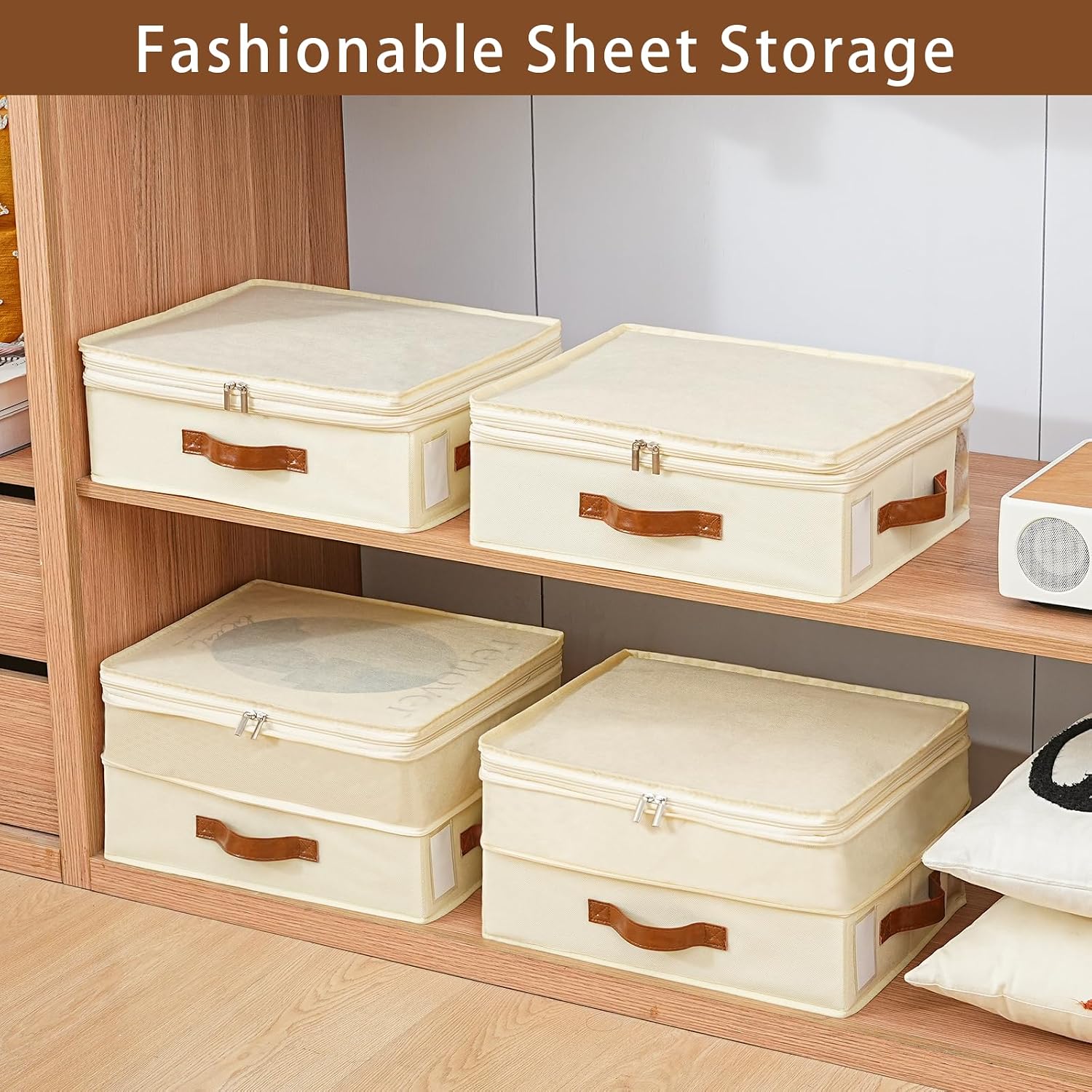 Bed Sheet Organizers and Storage, 4 Pack Linen Closet Organizers with Adjustable Zipper, Foldable Bedding Storage for Queen or King Size Bedsheets, Duvet Covers and Pillows