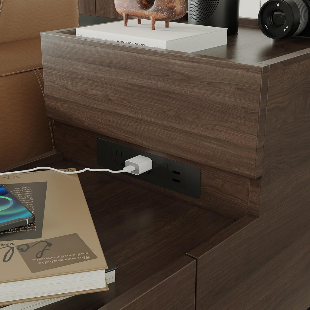 Modern Sofa Side Cabinet, Side Table with USB Interface and Power Outlet, Walnut Wood Living Room Bedroom Side Cabinet Modern Bedside Table with Charging Station for Living Room, Bedroom