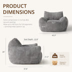 Bean-Bag Chair for Adults Teens - Large Corduroy Bean Bag Chairs with Back Support and Armrests, Adult BeanBag Lazy Sofa with Filler for Living Room, Bedroom, Reading, Grey