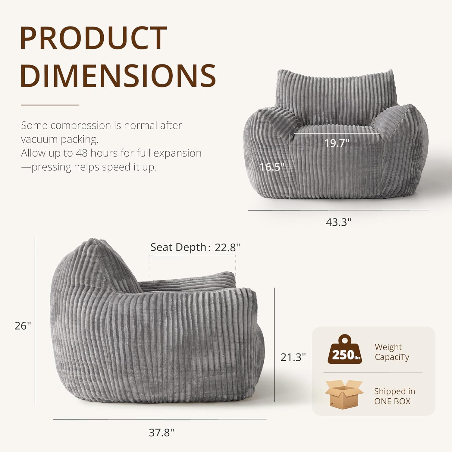 Bean-Bag Chair for Adults Teens - Large Corduroy Bean Bag Chairs with Back Support and Armrests, Adult BeanBag Lazy Sofa with Filler for Living Room, Bedroom, Reading, Grey
