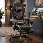Gaming Chair with Footrest & Lumbar Support, PU Leather High Back Ergonomic Height Adjustable Swivel Office Desk Chair for Adults Gaming, Working, Black Grey